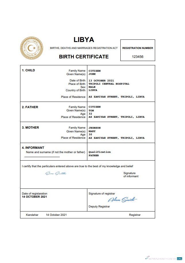 Download Libya birth certificate Word and PDF template Photoshop template